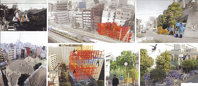 42：センモンカ公園 東京都内にある公園の総数は大小含めて9349カ所にまでのぼり、最近では、「公園デビュー」なる現象を引き起こすなど、都市文化の不可解な細部を引きうけている。これは、公園がもっている基本要素（滑り台、砂場、鉄棒、植物）を一種類の要素に絞って、専門化させた公園群の提案。この操作により、それぞれの公園はより個性的になり、相対的に価値を高める。 （AM＋KY＋WM）