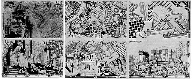 12人の建築家「理想的計画」の一部、1978 上段左からヴェンチューリ、ロウ、グレイブス、下段左からR・クリエ、ロッシ、L・クリエによって各々描かれている。これはG・B・ノッリによって1748年に作成されたローマ図に、彼らが各々独自の建築作風に基づく建築を挿入したものである。