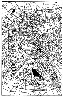 レベウス・ウッズ「空中パリ計画」、1989 アエロリヴィング・ラボラトリーと呼ばれる住居を空中に浮かべ、パリの交通ネットワークを電磁気の流れに沿って改造する計画。空を横切る遊糸の広大なネットが風や磁場に引っ張られ、その変化に対応することで、不安定に見えつつも流体力学と磁場の中で安定している。