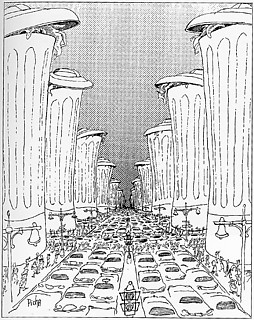ピシャ「ごみ箱都市」、1969 ベルギーのイラストレーターによる現代の風刺。現在、都市が量産するごみは爆発的に増加し深刻な都市問題となっている。また都市や建築そのものがごみ予備群、あるいはごみそのものとなっている。