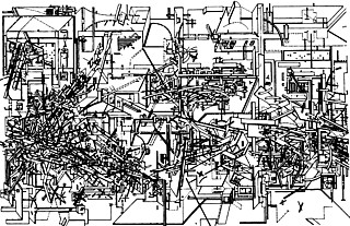 D・リベスキンド「マイクロメガス」、1980 ペーパー・アーキテクトとしての彼のデビュー作。この一連のドローイングは、さまざまな幾何図形が異様に相互貫入し、判断不能な無数の線となって錯綜した空間を作り出している。