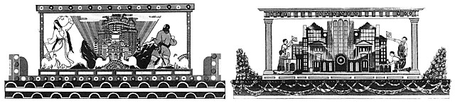 花電車 花電車は庶民の乗り物・路面電車を飾り付け、天皇に関する祝賀の度にそれを走らせ、帝都を宣伝し啓蒙するために用いられた。図版は1930（昭和5）年の 帝都復興記念奉祝のための車両である。花電車は6両で構成されていた。左手が3両目の「天の岩戸」で岩戸から復興した都市が現われる。右手が6両目の「復 活」で東京のさらなる発展を示している。