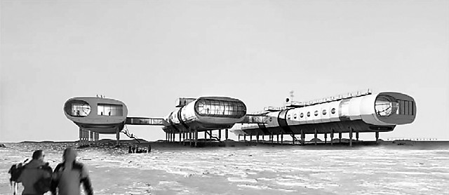 10──同、コンペ案2 （伸縮自在の足がついた「氷のクラフト」建物）引用出典＝British Antarctic Survey“Proposed Construction and Operation of Halley VI Research Station, Brunt Ice Shelf, Antarctica−Draft Comprehensive Environmental Evaluation (CEE)”February 2005