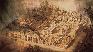 32─ジョセフ・マイケル・ガンディ 『イングランド銀行鳥瞰図』（1830） 引用出典＝artnet.com, URL＝http://www.artnet.com/ ジョン・ソーンの弟子による、イングランド銀行の設計図。 天井や壁の剥ぎ取りは内部を見せるための工夫でもあるが、 形態的にはピラネージの描く廃墟と酷似している